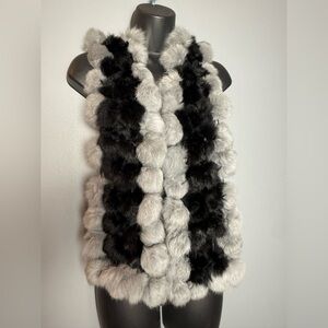 Vintage Rabbit Fur Pom Pom Scarf Black & Grey 5x54 EUC Velvety Soft